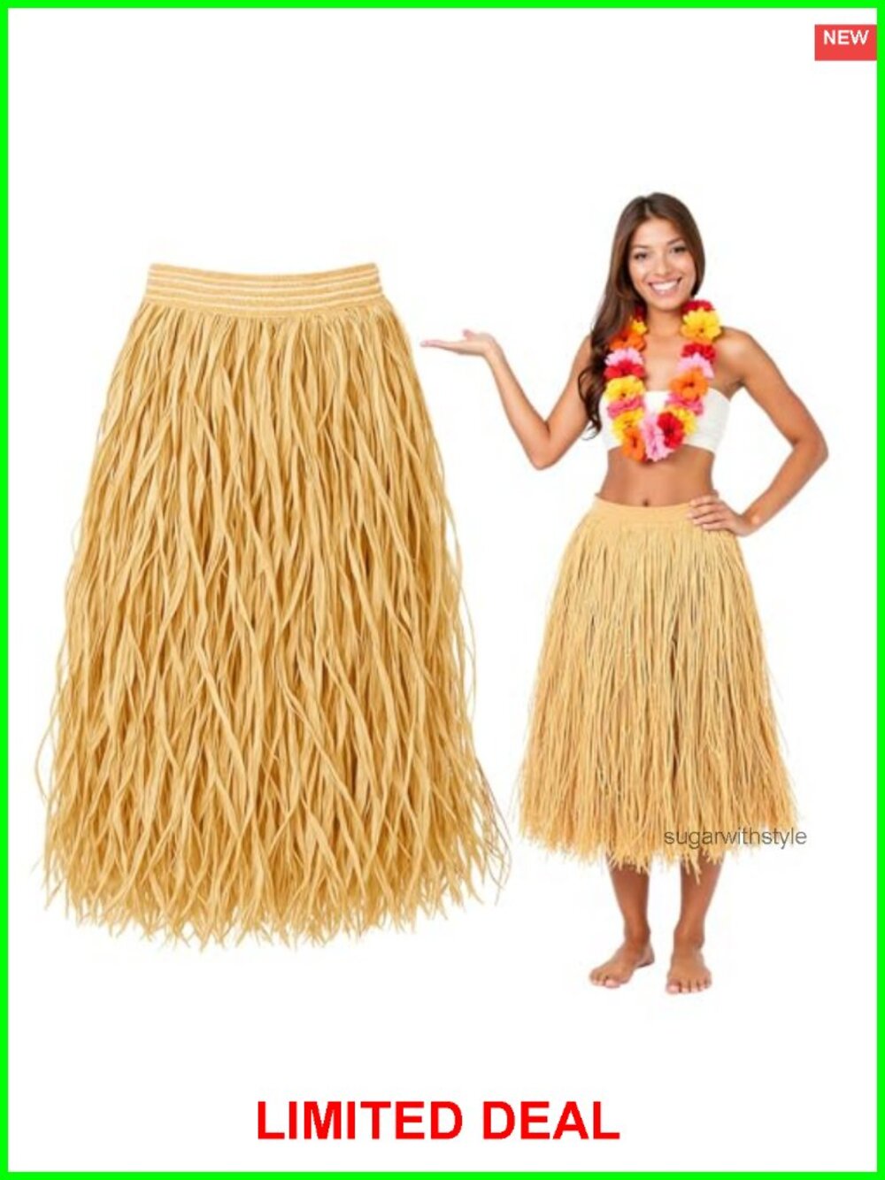 Raffia Grass Hula Skirt 31.5" Adjustable Waist Luau Beach Costume